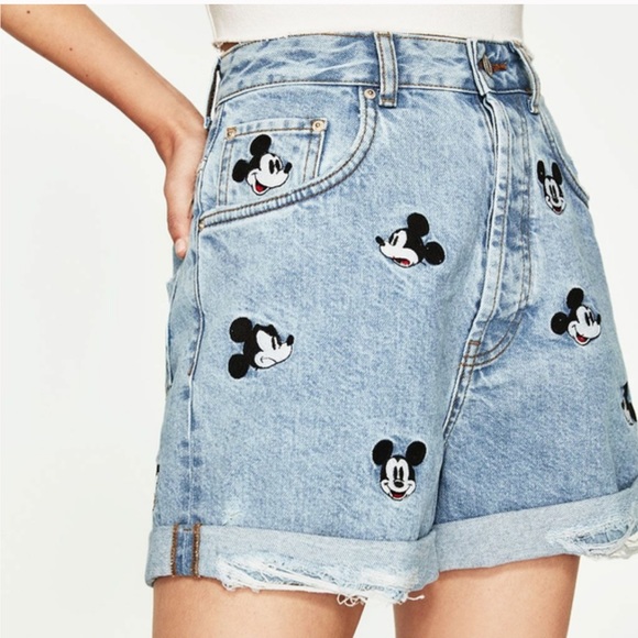 Zara Pants - Zara x Disney HTF Embroidered Mickey Mouse high rise distressed jean shorts 2